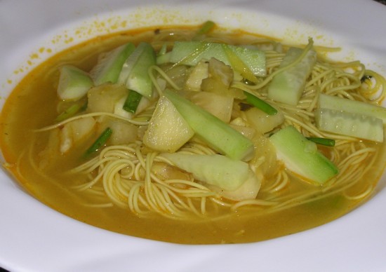 laksa soup. Penang asam laksa and cucumber